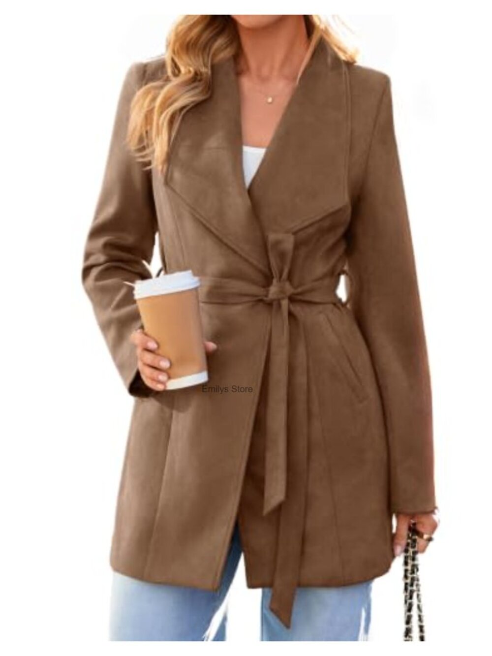 Faux Suede Trench Coat Tie Waist Lapel Open Front Fall Outerwear